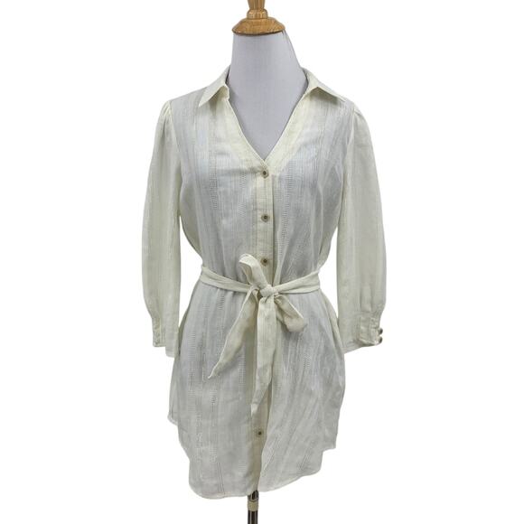 Edme & Esyllte Shirt Dress Womens 4 Ivory Linen Blend Button Up Tie Waist Mini - Picture 1 of 11
